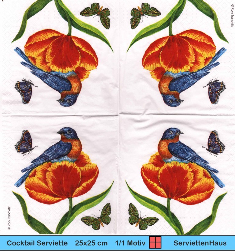 Blüte und Vogel - Schwalbe und Schmetterling in Tulpe - 1 Cocktail Serviette